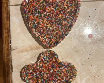 Colorful Sprinkle Resin Trinket Tray Set | Heart & Flower Catchall Dishes | Cute Jewelry Organizer | Candy Confetti Decor