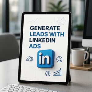 Puede incluir: Una tableta muestra el texto "GENERATE LEADS WITH LINKEDIN ADS" con el logotipo de LinkedIn. La tableta está sobre un escritorio con un teclado, un ratón y una taza de café. El fondo incluye una ventana y un monitor de ordenador.