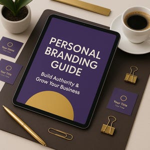 以下が含まれることがあります： 「PERSONAL BRANDING GUIDE」のテキストと「Build Authority & Grow Your Business」のスローガンが表示されたデジタルタブレット。 タブレットの周りには、名刺、ペン、ペーパークリップ、コーヒーカップがあります。 配色は紫、金、茶色です。