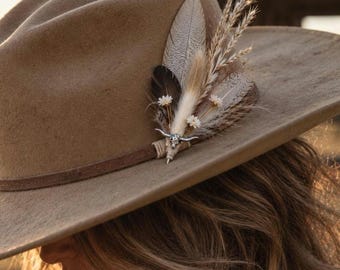 Handmade Feather Hat Pin with Bull Skull Charm
