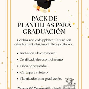 Pack de Plantillas de Graduación para Imprimir, Invitación Editable, Certificado, Carta para el Futuro, Planificador, Archivo Digital