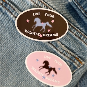 May include: Two oval stickers with the text "LIVE YOUR WILDEST DREAMS". One sticker is brown with a light blue horse silhouette and pink stars. The other is pink with a black horse silhouette and blue stars.