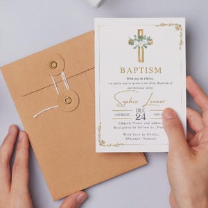 Elegant Orthodox Baptism Invitation – Floral Cross, Canva Template for Boy or Girl