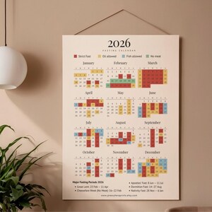 May include: A 2026 fasting calendar with a beige background, featuring monthly grids with color-coded days for strict fast, oil allowed, fish allowed, and no meat. Includes major fasting periods.