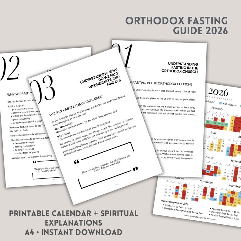 May include: A collection of printed Orthodox fasting guides for 2026. The guides include explanations of fasting, weekly fasting days, and a calendar. The documents are white with black text and are labeled "Printable Calendar + Spiritual Explanations."