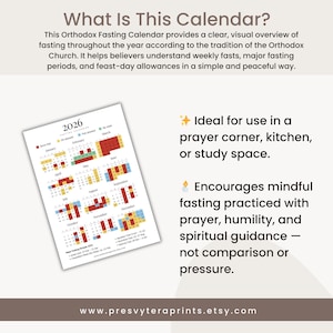 May include: A 2026 Orthodox Fasting Calendar with a colorful grid layout, detailing weekly fasts and feast days. The calendar is designed for use in a prayer corner, kitchen, or study space. The website address www.presvyteraprints.etsy.com is visible.
