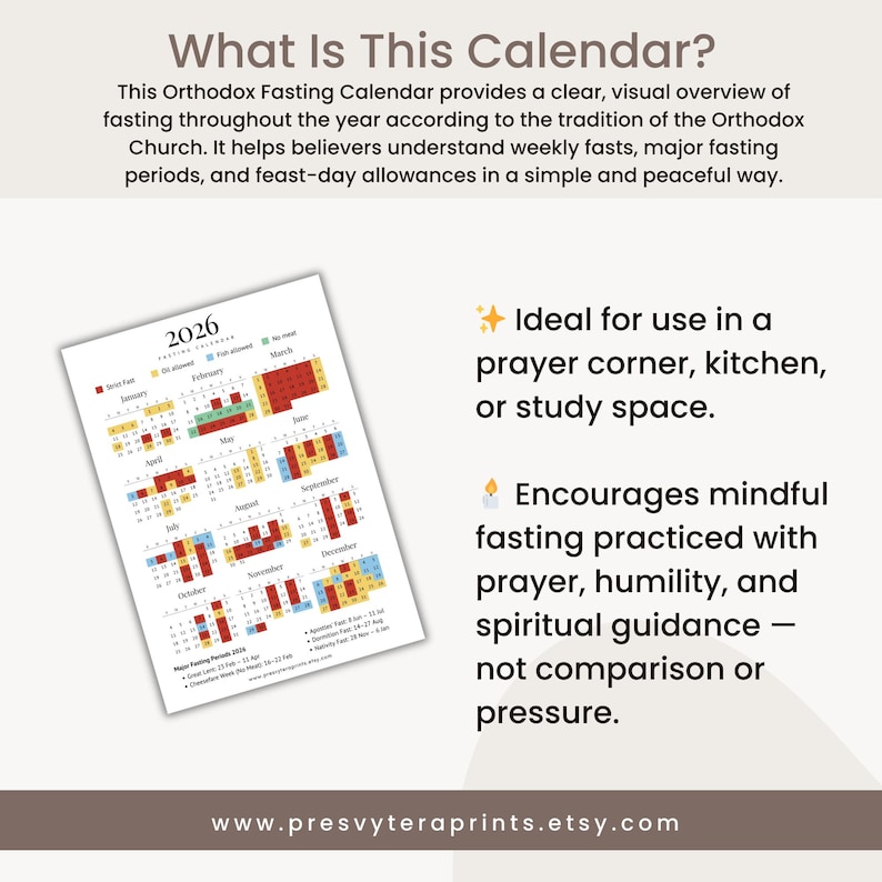 May include: A 2026 Orthodox Fasting Calendar with a colorful grid layout, detailing weekly fasts and feast days. The calendar is designed for use in a prayer corner, kitchen, or study space. The website address www.presvyteraprints.etsy.com is visible.