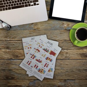 May include: Overhead shot of a wooden desk with a laptop, tablet, and a green coffee cup. Several calendar pages for the year 2026 are visible. The calendars have a colorful design with dates and months. A pair of glasses rests near the laptop.
