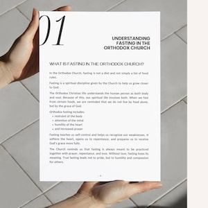 May include: A white paper with the title "UNDERSTANDING FASTING IN THE ORTHODOX CHURCH" and the number "01" in large black font. The text explains fasting in the Orthodox Church, including its spiritual and physical aspects.