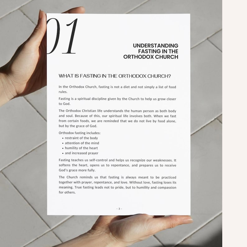 May include: A white paper with the title "UNDERSTANDING FASTING IN THE ORTHODOX CHURCH" and the number "01" in large black font. The text explains fasting in the Orthodox Church, including its spiritual and physical aspects.