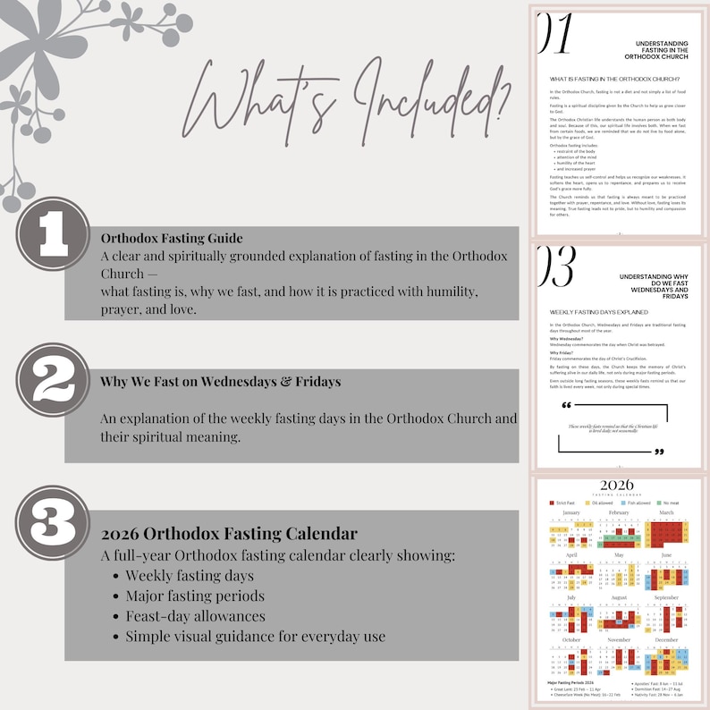 May include: A digital guide titled "What's Included?" with three sections: Orthodox Fasting Guide, Why We Fast on Wednesdays & Fridays, and a 2026 Orthodox Fasting Calendar. The calendar shows weekly fasting days and major fasting periods.