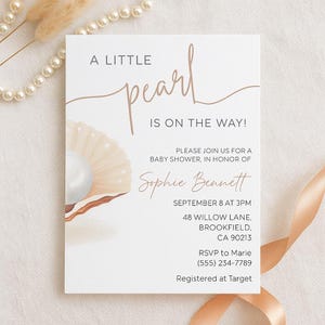 Editable Baby Shower Invitation | Little Pearl Theme | Seashell & Pearl Watercolor Invite | Printable Ocean Baby Shower Card | Evite