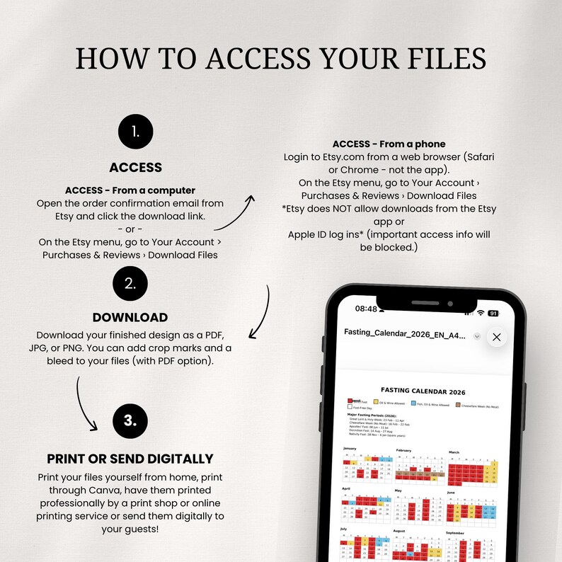 May include: A guide titled "HOW TO ACCESS YOUR FILES" with numbered steps. Instructions include accessing files from a computer or phone, downloading as PDF, JPG, or PNG, and printing or sending digitally. A smartphone displays a 2026 fasting calendar.