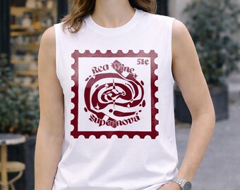 Red Wine Supernova Muscle Tee, Vintage Stamp Graphic Tank Top, Pop Culture Inspired Shirt