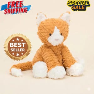 May include: A plush orange and white cat stuffed animal. The cat has a white patch on its face and white paws. The image includes text that says "Free Shipping", "Special Sale", and "Best Seller".