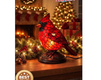 Vintage Cardinal Stained Glass Lamp – Red Bird Resin Night Light – Decorative Table Accent