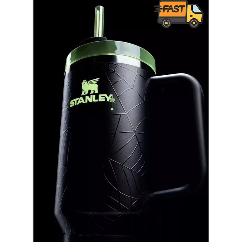 May include: A black Stanley tumbler featuring a textured spiderweb pattern across the body. The cup includes a light green translucent lid and a matching straw. The Stanley logo is printed in light green on the front, accompanied by a small spider icon.