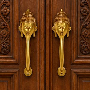 Puede incluir: Dos manijas de puerta de metal dorado a juego con una cabeza de Buda esculpida en la parte superior, montadas en una puerta doble de madera marrón oscuro con intrincadas tallas florales en los paneles verticales y detalles circulares.