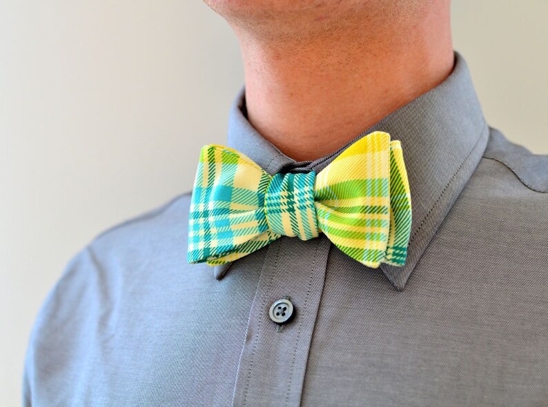 Men's Bow Tie in Green Plaid freestyle aqua yellow Etsy
