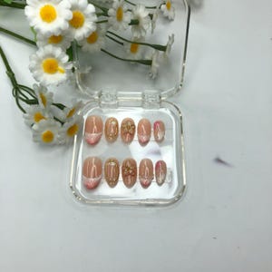 Dusty Rose Rhinestone Heart Press On Nails | Long Coffin Glossy Nails for Special Occasions