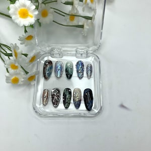 Almond Galaxy Press On Nails – Cosmic Abstract Design with Rhinestones | Reusable Handmade Nail Set | Sizes 15-11-12-11-8