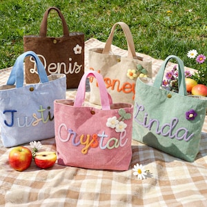 Borsa tote personalizzata per bambini, piccola borsa tote in velluto a coste, borse all'uncinetto con nome per bambini, borsa a tracolla per bambini