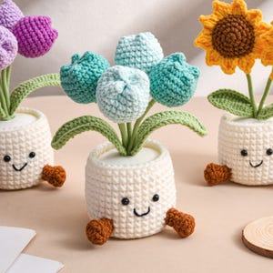 Crochet Sunflower & Tulip Potted Plant,Handmade Crochet Tulip Pot,Forever Flower Plush,Thank You Teacher Gift,Desk Decor,Family Gift