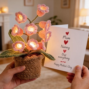 May include: A crocheted flower lamp with pink and orange blossoms in a brown pot. The lamp is lit, and a greeting card with the words "Mum, Nanny, Our everything, Happy Mother's Day" is held nearby.