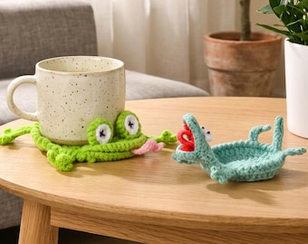 Posavasos de animales de ganchillo hecho a mano, divertido soporte para tazas de amigurumi, posavasos creativo con forma de lagarto y rana, decoración de escritorio kawaii, regalo para amantes de los animales