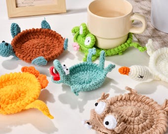 Sottobicchiere a forma di animale 3D lavorato a maglia all'uncinetto, sottobicchiere a forma di animale fatto a mano, sottobicchiere divertente a forma di lucertola e rana, decorazione da scrivania kawaii, regalo per l'inaugurazione della casa