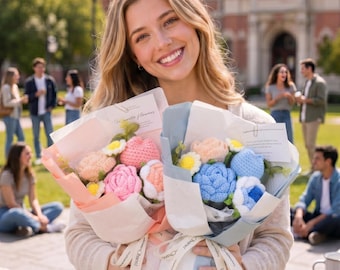 Arreglo floral tejido a mano, decoración para el hogar y el escritorio, ramo de flores de ganchillo, flores de hilo hechas a mano