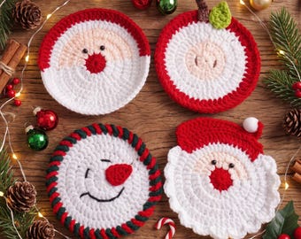 Handgehäkelter Weihnachtsuntersetzer, Tassenuntersetzer aus Baumwolle, festliche Tischdekoration, Weihnachtsuntersetzer mit Weihnachtsmann- und Schneeflockenmotiv, Einzugsgeschenk