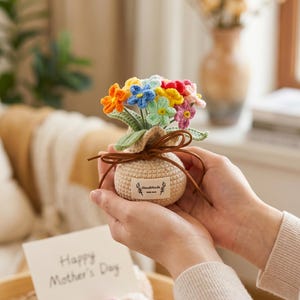 May include: A handmade crochet bouquet of colorful flowers in a small, beige woven bag tied with a brown ribbon. The bouquet includes orange, blue, yellow, green, and pink flowers. A small tag is attached to the bag. A card that says "Happy Mother's Day" is in the background.