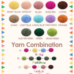 Pu&ograve; includere: Un grafico che mostra le opzioni e le combinazioni di colori del filato. I colori del filato includono giallo brillante, albicocca, fard, rosso rosa, caff&egrave;, kaki, azzurro, blu canale, viola taro, arancione, verde senape, verde e verde erba. Le combinazioni di filato sono etichettate dalla A alla D, con nomi come Emily, Matthew, Evelyn e Camila.