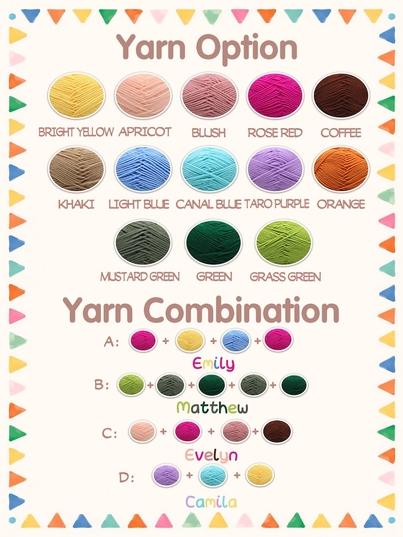 Pu&ograve; includere: Un grafico che mostra le opzioni e le combinazioni di colori del filato. I colori del filato includono giallo brillante, albicocca, fard, rosso rosa, caff&egrave;, kaki, azzurro, blu canale, viola taro, arancione, verde senape, verde e verde erba. Le combinazioni di filato sono etichettate dalla A alla D, con nomi come Emily, Matthew, Evelyn e Camila.