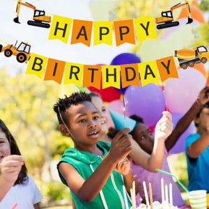 Ghirlanda di carta con striscioni di buon compleanno a forma di escavatore e camion cisterna per bambini, decorazione per la prima festa di baby shower.