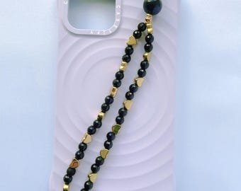 Black & Gold Beaded Phone Charm Strap: Y2K Heart Beads Lanyard