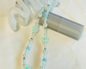 Mint Flower Pearl Phone Charm | Blue Beaded Phone Strap | Kawaii Y2K Aesthetic Phone Accessory | Handmade Gift for Her