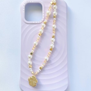 Pearl & Gold Rose Phone Charm: Elegant Beaded Phone Strap