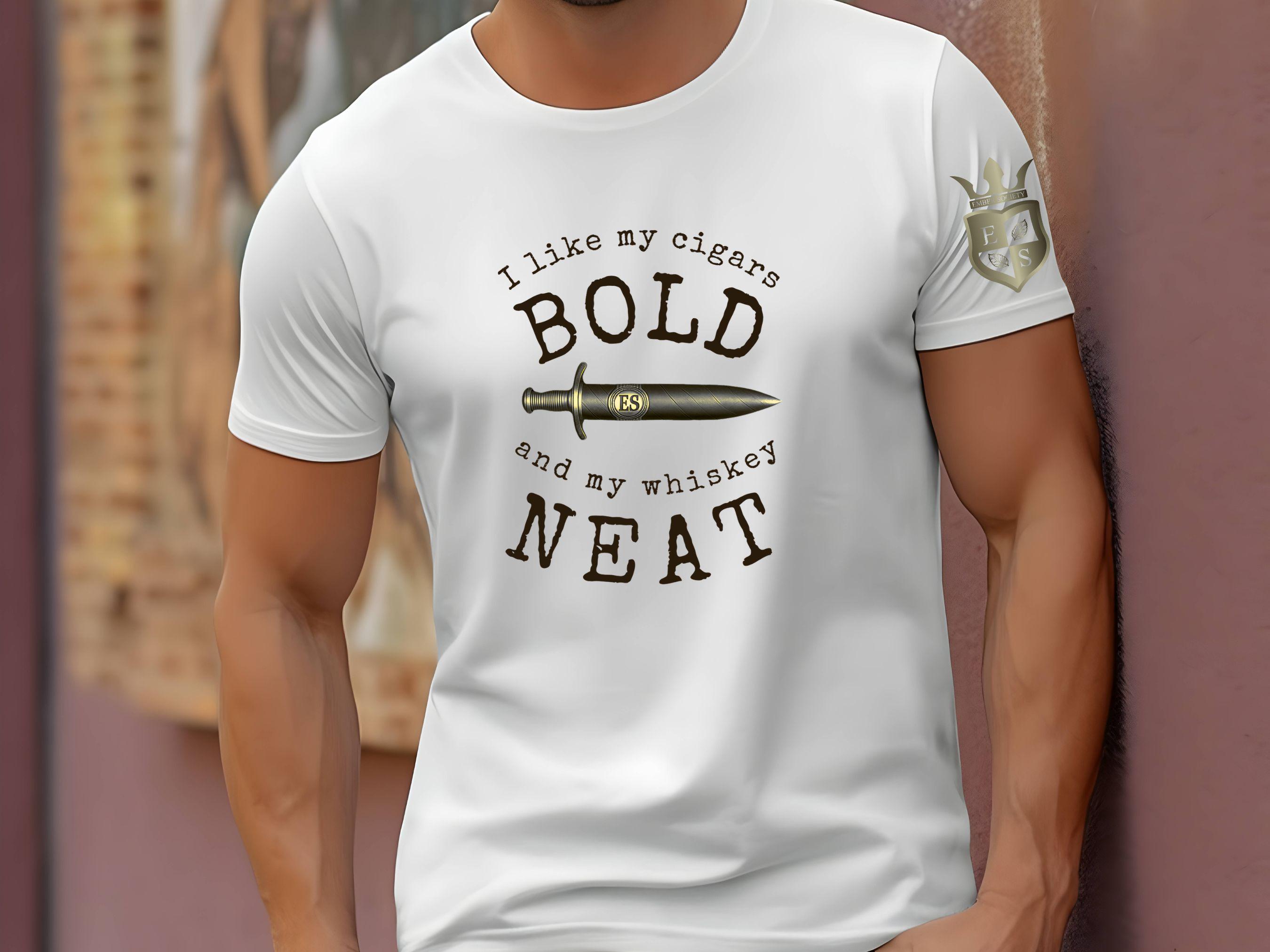 Men's Bold Cigar Shirt/Whiskey Neat Bourbon Tee/Ember Society Luxe Cigar Apparel/Silver Cigar Dagger, Crest Design/Gift for husband, veteran