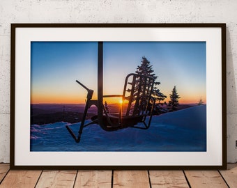 Sunrise on the Single Chair  Mad River Glen Vermont, Large Poster Giclée Print, Ski Vermont, Stark Mountain Fayston Vermont, Green Mountains