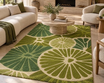 Green Leaf Rug, Hand Tufted Wool Botanical Area Rug, Modern Living Room Carpet