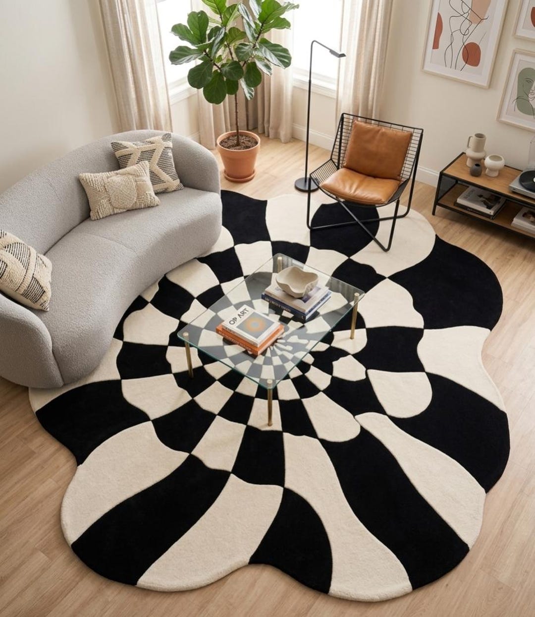Hand-tufted New Zealand Wool Wavy Checkered Rug, Optical Illusion ...