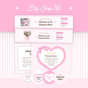 Può includere: Un kit per negozio Etsy con banner rosa e bianchi, loghi circolari e una grafica per le recensioni. Il testo include "Etsy Shop Kit", "Welcome to the Coquette Store" e "Amazing Product". I design incorporano forme a cuore, fiocchi e griglie.