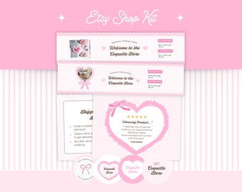 Coquette Pink Etsy Shop Kit, Cute Girly Canva Template Set for Small Business, Feminine Branded Store Setup Bundle with Icons, Banners, etc