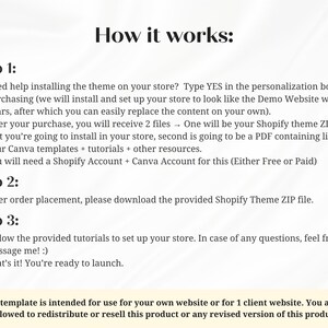 Puede incluir: Gr&aacute;fico color crema con el t&iacute;tulo "C&oacute;mo funciona:" y pasos numerados que detallan el proceso de instalaci&oacute;n de un tema de Shopify. El texto explica los pasos, incluida la descarga de archivos y el uso de plantillas de Canva.