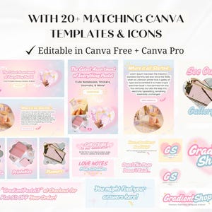 Puede incluir: Imagen promocional que muestra plantillas e iconos de Canva con un tema pastel. La imagen incluye varias maquetas, imprimibles y dise&ntilde;os de planificadores. El texto incluye "Gradient Shop" y "Editable in Canva Free + Canva Pro."
