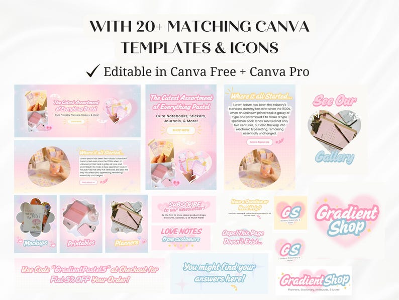 Puede incluir: Imagen promocional que muestra plantillas e iconos de Canva con un tema pastel. La imagen incluye varias maquetas, imprimibles y dise&ntilde;os de planificadores. El texto incluye "Gradient Shop" y "Editable in Canva Free + Canva Pro."