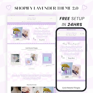 Puede incluir: Maqueta de diseño web con tema lavanda para Shopify. La imagen muestra una vista de escritorio y móvil, con el texto "Shopify Lavender Theme 2.0" y "Free Setup in 24hrs."