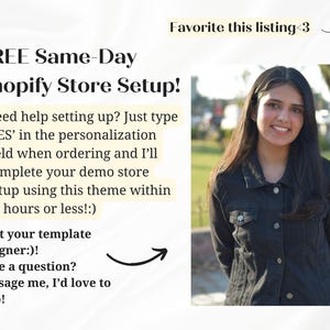 Puede incluir: Imagen con texto: "FREE Same-Day Shopify Store Setup!" y "Favorite this listing <3". Una persona sonriente lleva una chaqueta negra. El texto tambi&eacute;n dice: "Need help setting up? Just type 'YES' in the personalization field when ordering..."